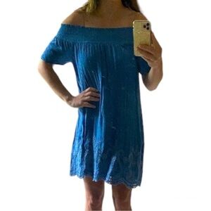 En Creme Blue Embroidered Off The Shoulder Mini Dress Size L